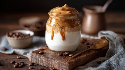 Delicious Creamy Dalgona Coffee Drink in Glass Jar Brown Sugar Sweet Coffee Recipe Beverage Tasty Homemade Whipped Coffee Autumn Cozy Winter Warm Drink Caffeine Energy ice hot food