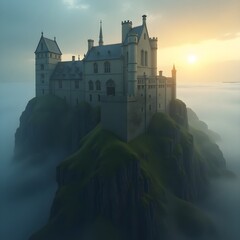 A mist-covered Gothic castle perched on a rocky cliff at twilight.

