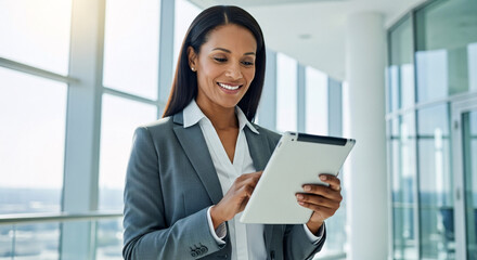 Smiling businesswoman using tablet in modern office space with large windows and natural light coming in