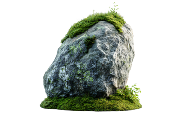 Moss and grass covered rock isolated on a transparent background