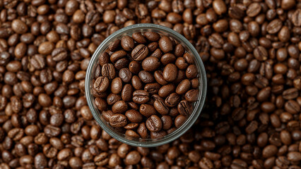Naklejka premium Cylindrical container overflowing with freshly roasted coffee beans