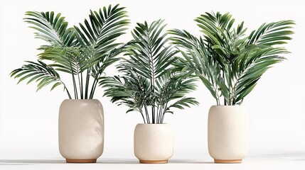  Vibrant Green Plants in Ceramic Pots, Isolated on White Surface with Subtle Shadows, Illuminated by Top-Left Studio Lighting, Clean 3D Rendered Appearance

