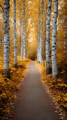 Obraz premium Pathway meanders through vibrant birch forest with golden autumn leaves. Peaceful atmosphere creates a serene escape for nature enthusiasts. Concept of outdoor leisure, hiking, nature tourism