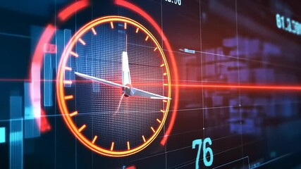 Digital clock overlaying stock market data with fluctuating percentages and vibrant color scheme - Powered by Adobe