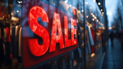 enticing sale banner adorning a boutique's glass window showcasing the allure of reduced prices and attracting customers to explore fashionable attire and exceptional discounts