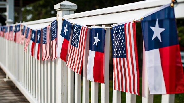 American and texas state flags hanging on white fence for patriotic outdoor decoration
 - Powered by Adobe