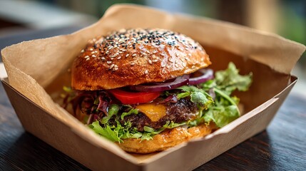 Delicious Juicy Cheeseburger in Cardboard Box Tasty Fast Food Meal Restaurant Gourmet Burger Bun Sesame Seeds Beef Patty Tomato Onion Lettuce Fresh Ingredients Appetizing Photo eat