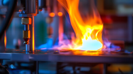 A blue flame is burning on a metal surface