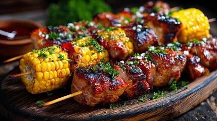 Delicious Grilled Pork Skewers with Sweet Corn Appetizer Barbecue Summer Food Tasty Grilled Meat  BBQ Party Picnic Outdoor Cooking Recipe  Summertime Feast  Grilled Corn on the Cob