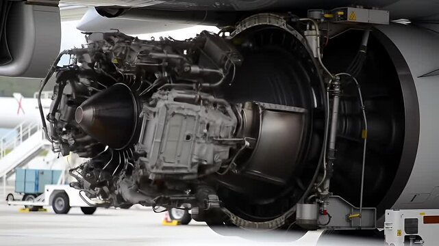 Side View of Silver Airplane Engine Detailing Aviation Technology and Complex Machinery