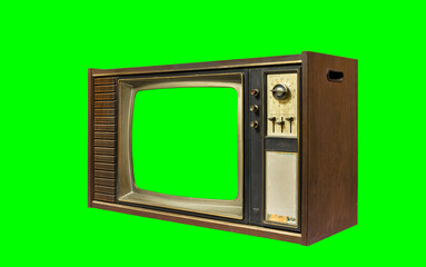 Side view, retro old TV with green screen isolated on green screen background, clipping path