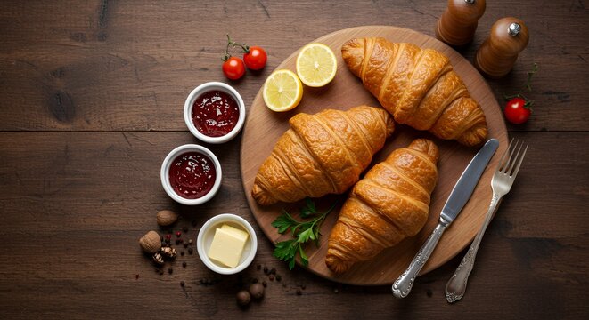 Indulge in a delightful breakfast of golden-brown croissants, served with sweet jam, creamy butter, and zesty lemon slices on a rustic wooden board.