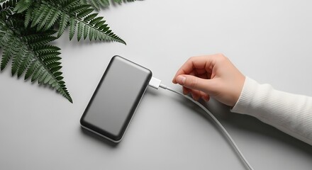 Top view of power bank charging with a hand and decorative leaf aesthetic scene