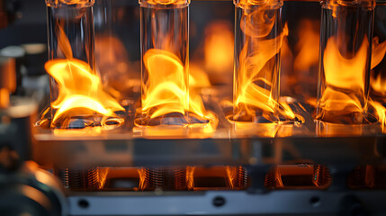 A close up of a machine with four glass tubes that are glowing red hot
