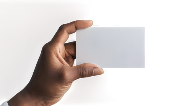 Hand holding a blank business card for presentation or message display , transparent background