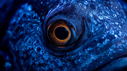 A Glimpse into the Depths -  An extreme close-up reveals the mesmerizing eye of a vibrant blue fish, its gaze captivating and full of mystery.