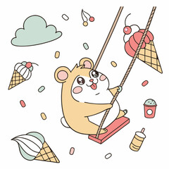 Cheerful Hamster with on a cloud swing, set in a charming Ice cream party theme – Scoops & Swirls color vector art