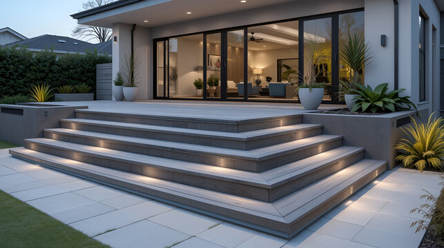 Modern terrace renovation features WPC decking, substructure. Outdoor steps lead to contemporary home with large glass doors. Landscaping includes rich hedges, potted plants. Illuminated steps add