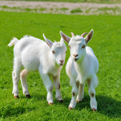 Obraz premium Adorable small goats are playing on a green meadow, Playful young goats are grazing green grass on a field, Playful cute little goat