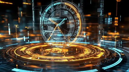 Futuristic digital clock interface with glowing elements, showcasing time and data visualization technology - Powered by Adobe
