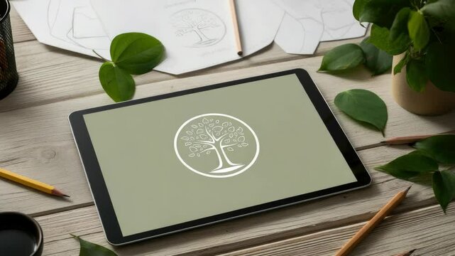 Tablet displaying tree logo with leaves on wooden table, surrounded by pencils and paper