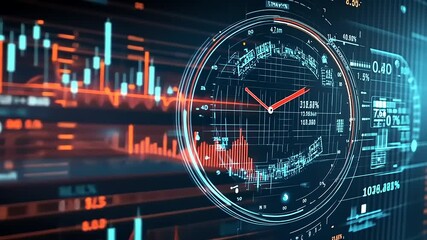Futuristic digital clock interface displaying data analytics and graphs in a high-tech environment - Powered by Adobe