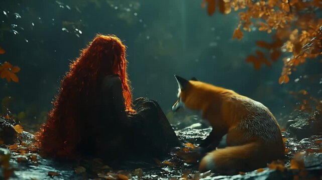 Red hair woman sitting with a fox in rainy forest