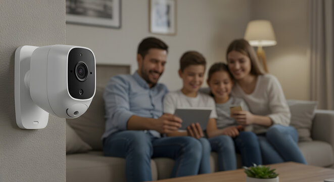 Security Camera Monitoring Family Using Tablet in Living Room
