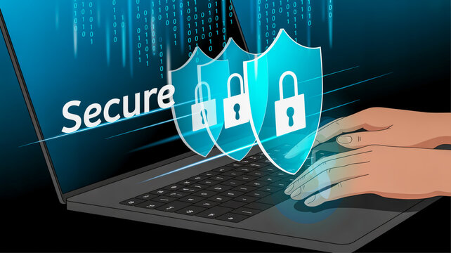 Futuristic Digital Security Holographic Shields Glow Over Laptop with Binary Code Matrix and Cyber-Protection Aesthetic