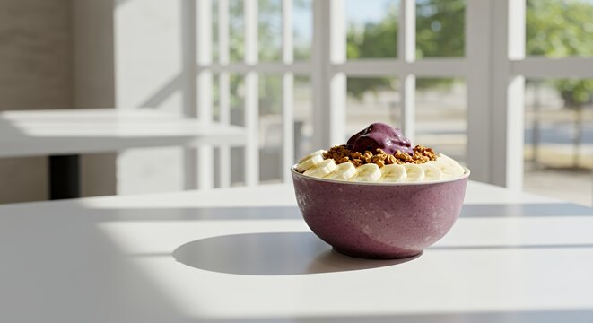 Sunlit Acai Bowl with Banana and Granola, a Refreshing and Healthy Breakfast in a Modern Cafe Setting