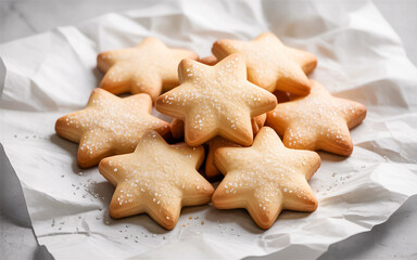 Golden Star Sugar Cookies Glazed to Perfection on Parchment &ndash; Sparkling & Softly Lit with Shallow Depth of Field