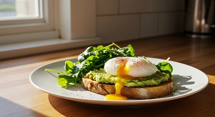Sun-drenched Avocado Toast with Poached Egg and Arugula: A Delicious Start to Your Day