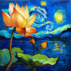 Blooming lotus flowers with swirling sky and bold colors in a dreamlike natural scene