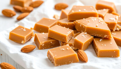 Delicious chunks of creamy caramel candy resting on textured paper, surrounded by almonds for a perfect sweet treat.
