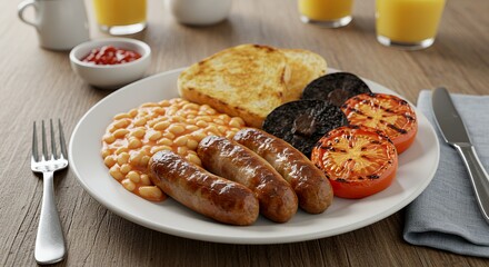 Indulge in a hearty full English breakfast, complete with sizzling sausages, baked beans, and perfectly grilled tomatoes, a classic start to any day.