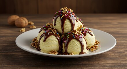 Indulge in Decadence: A Gourmet Tower of Vanilla Ice Cream, Rich Chocolate Sauce, and Toasted Walnuts, Perfectly Sprinkled with Rainbow Candy
