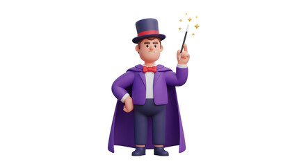3D Render Charming Magician Cartoon Character Holding Magic Wand with Stars