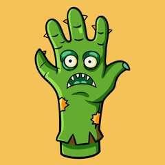 Cartoon Zombie Hand with Spikes Patches and a Worried Expression.