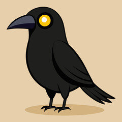 Cartoon Black Crow with Yellow Eyes and Dark Beak Standing Still.