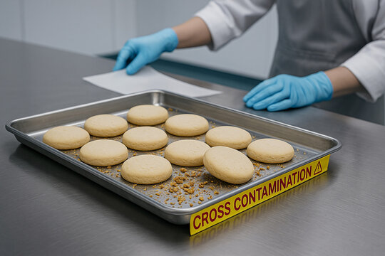 Cross Contamination Alert in Bakery Decoration Zone Showing Nut-Free Sugar Cookies on Tray with Walnut Crumbs and Red Warning Tape on Stainless Steel Worktable