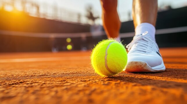 Close-up focus of a tennis ball near shoe on an orange court during golden hour