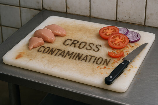 Cross Contamination hazard showing raw chicken and sliced vegetables on a single stained cutting board in a poorly maintained kitchen, violating food hygiene safety standards