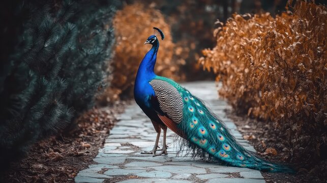 Peacock on a stone path in a garden (1) - Powered by Adobe