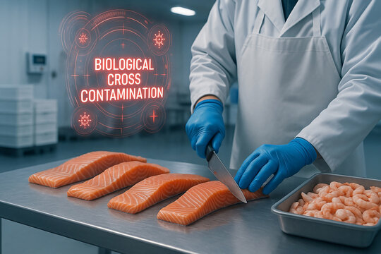 Cross Contamination Risk in Cold Chain Seafood Processing Facility Due to Improper Knife Use Between Cooked Shrimp and Raw Salmon During Critical Control Point Operations