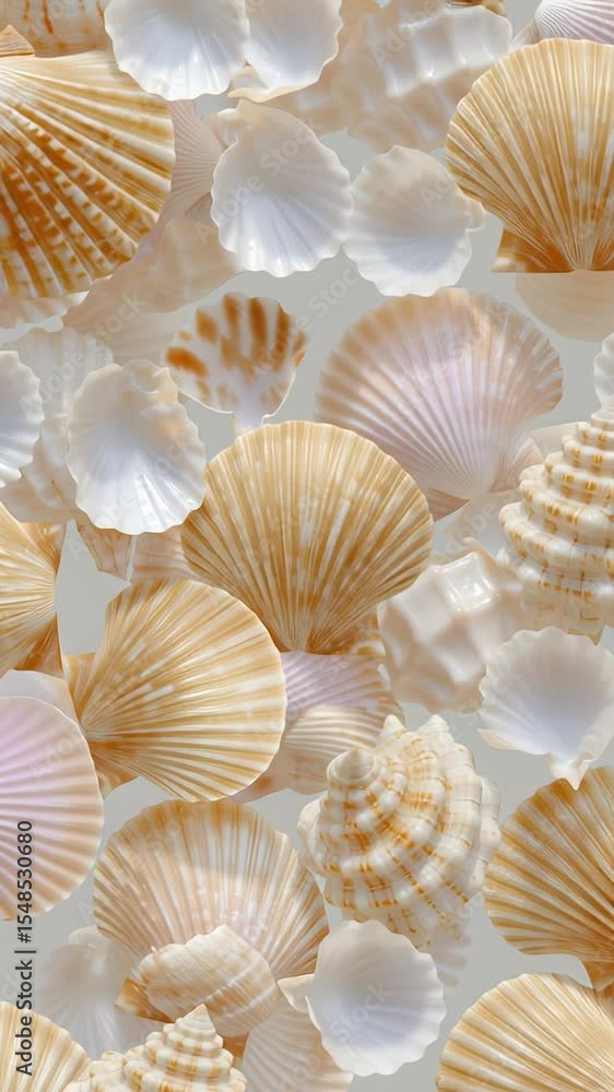 Poster diverse collection of seashells displayed on a soft surface in natural light
