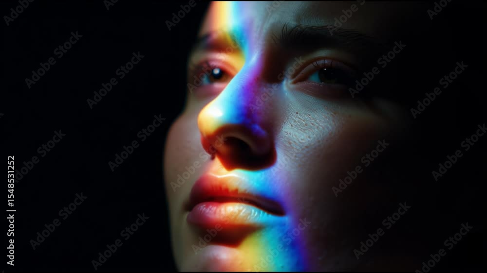 Poster close-up view of a person with colorful light reflecting on their face in a dimly lit environment sh