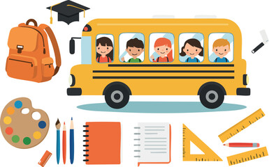 School bus with children and educational supplies including backpack and ruler vector illustration 