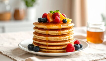 Panqueques con frutas del bosque y jarabe de arce servidos en plato blanco sobre fondo c&aacute;lido
