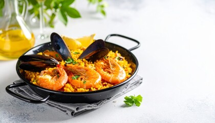 Paella de mariscos en sartén de hierro fundido servida con limón y perejil fresco