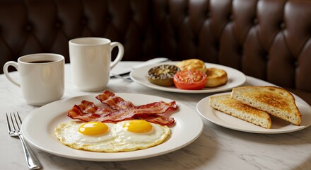 Indulge in a Classic American Breakfast: Perfectly Cooked Eggs, Crispy Bacon, Toasted Bread, and Aromatic Coffee Await.